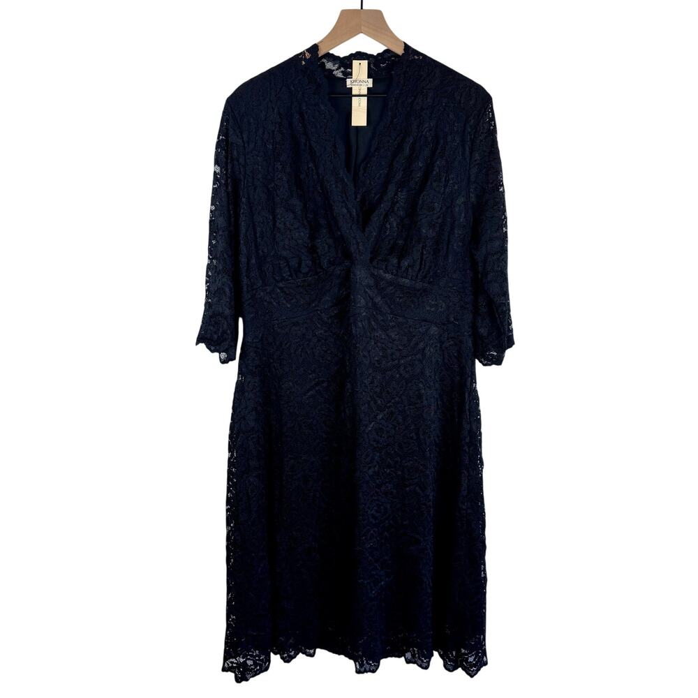 Kiyonna Womens 2X Black Lace 3/4 Sleeve V Neck Holiday Dress